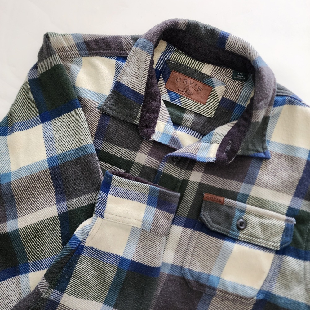 Orvis Flannel gray blue plaid long sleeve button front shirt jacket mens size L